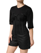 Dolce & Gabbana Black Cotton Bustier Corset Short Sleeves T-shirt - Eljoys Fashion 