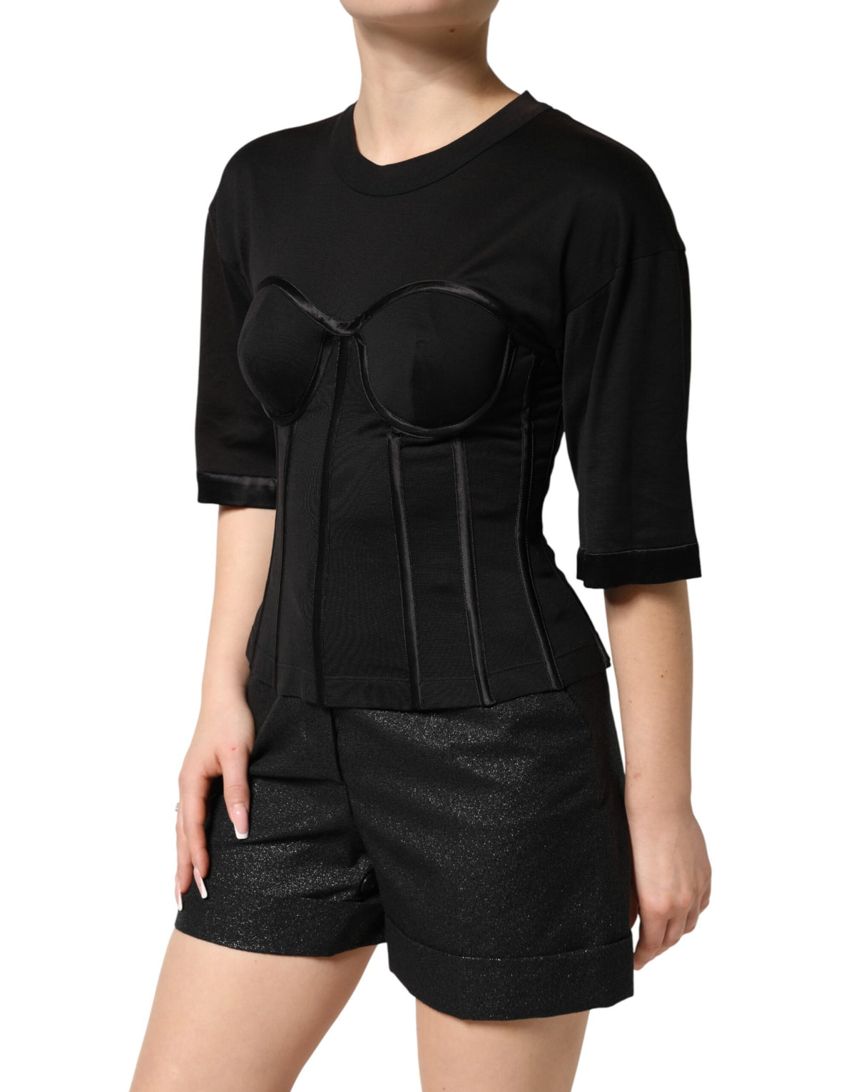 Dolce & Gabbana Black Cotton Bustier Corset Short Sleeves T-shirt - Eljoys Fashion 