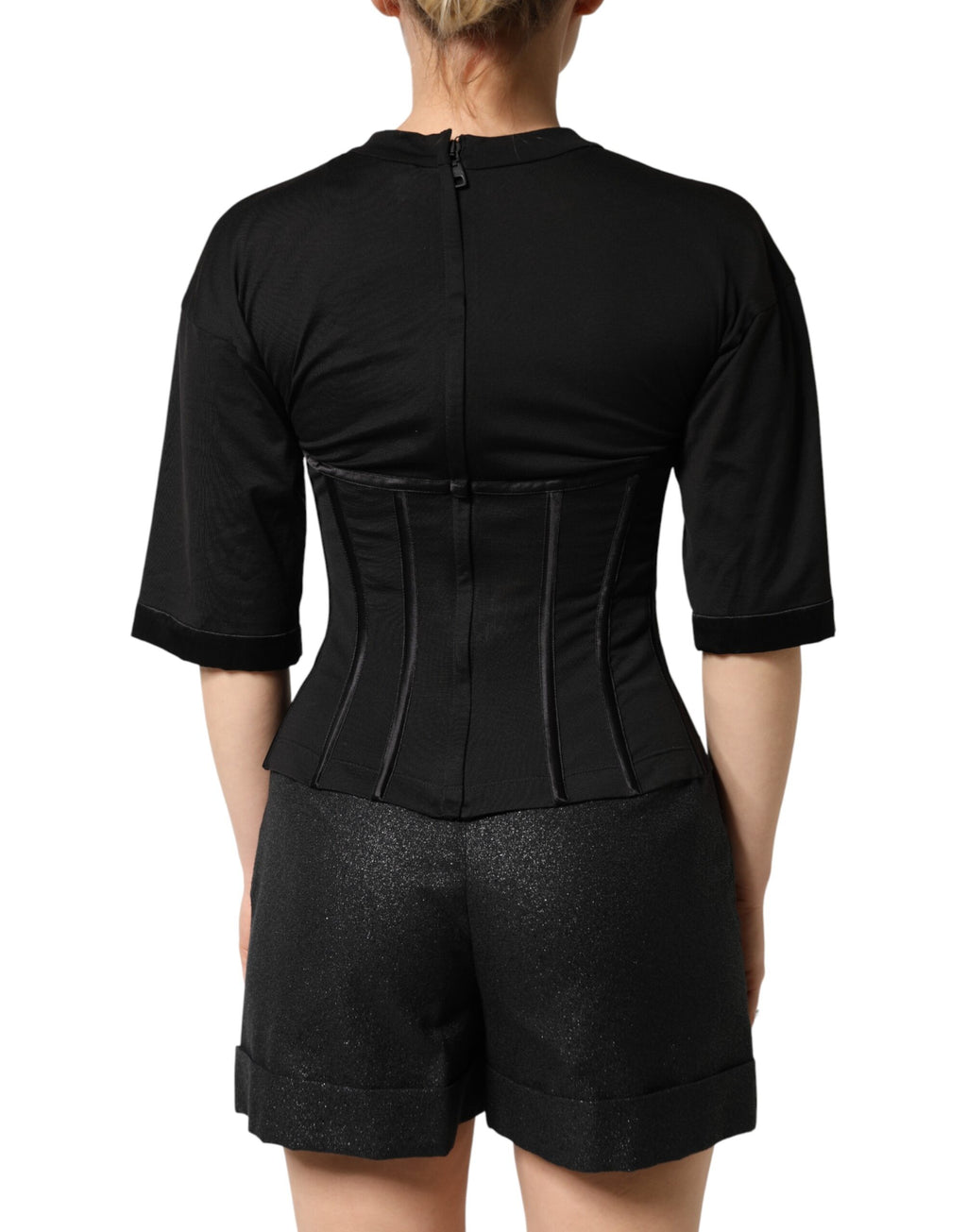 Dolce & Gabbana Black Cotton Bustier Corset Short Sleeves T-shirt - Eljoys Fashion 