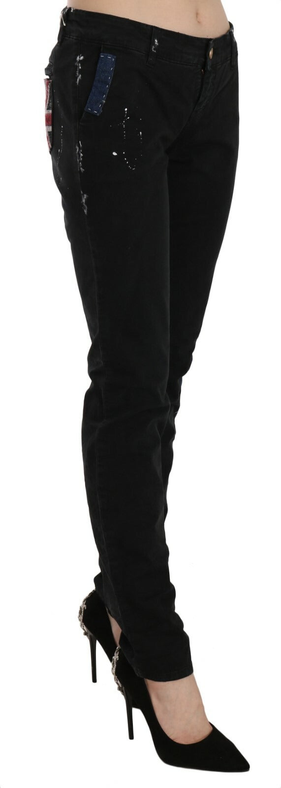 John Galliano Black Low Waist White Paint Skinny Denim Pants Jeans John Galliano