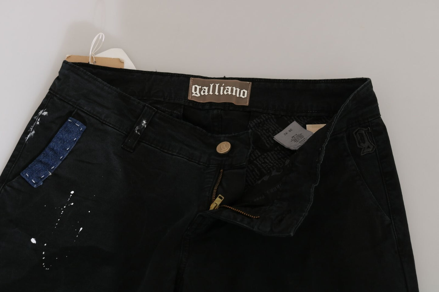 John Galliano Black Low Waist White Paint Skinny Denim Pants Jeans John Galliano