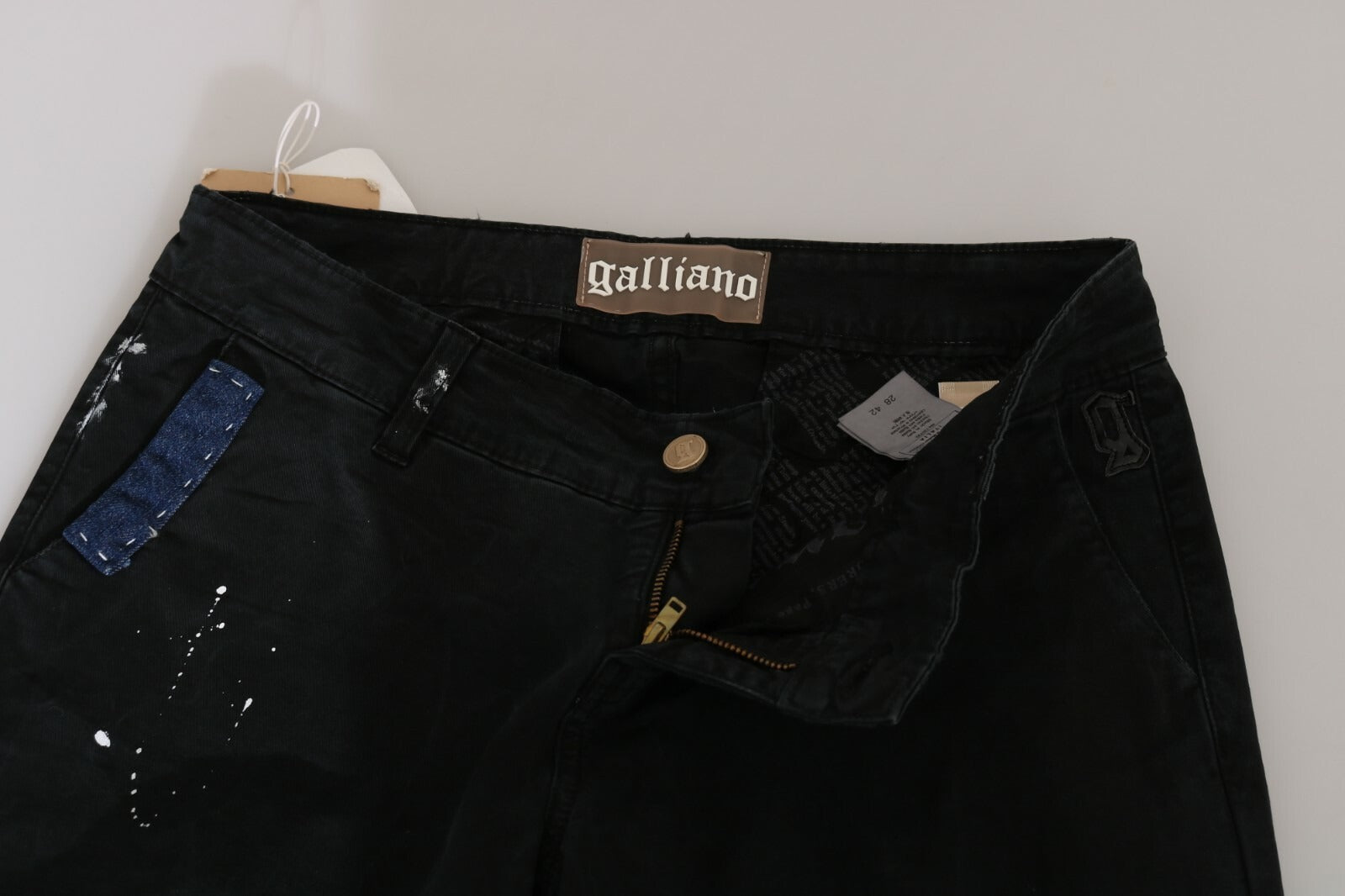 John Galliano Black Low Waist White Paint Skinny Denim Pants Jeans John Galliano