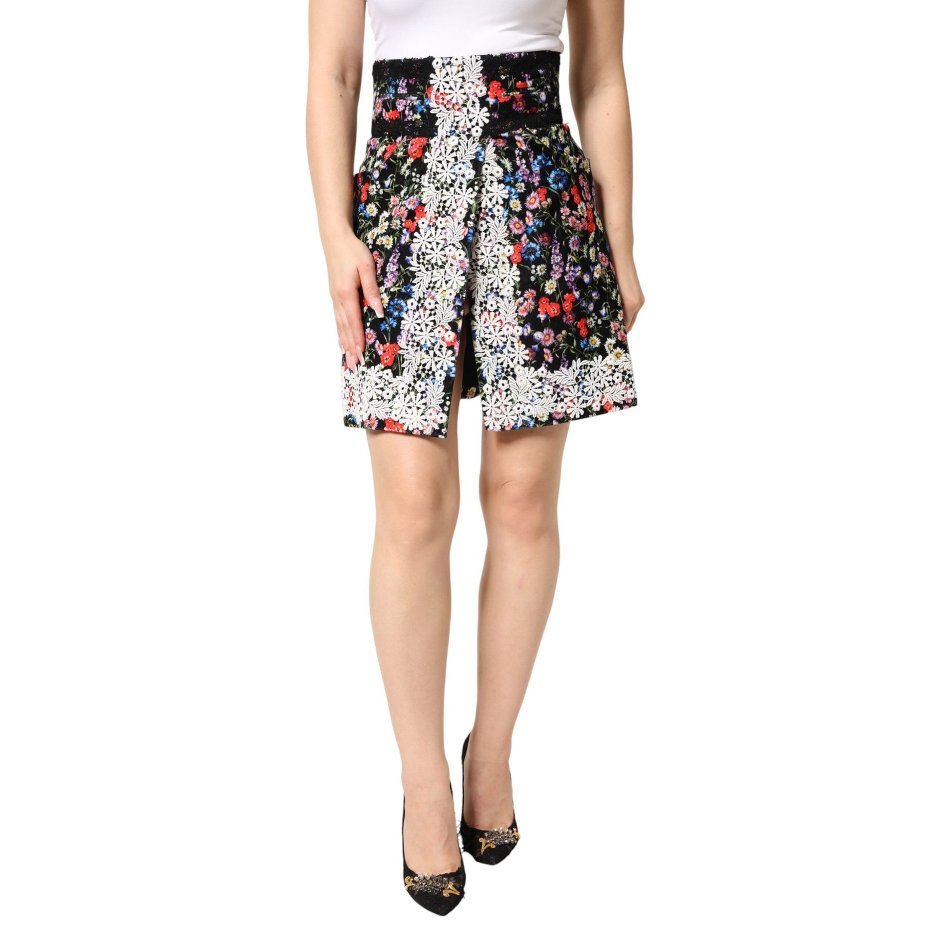 Dolce & Gabbana Black Floral Lace Cotton HighWaist Mini Skirt Dolce & Gabbana