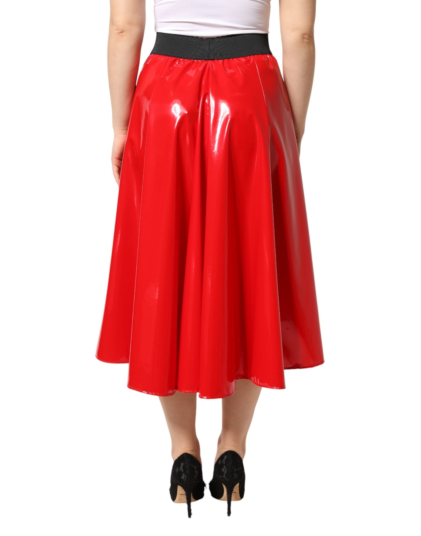 Dolce & Gabbana Glossy Red Polyester High Waist Midi Skirt Dolce & Gabbana