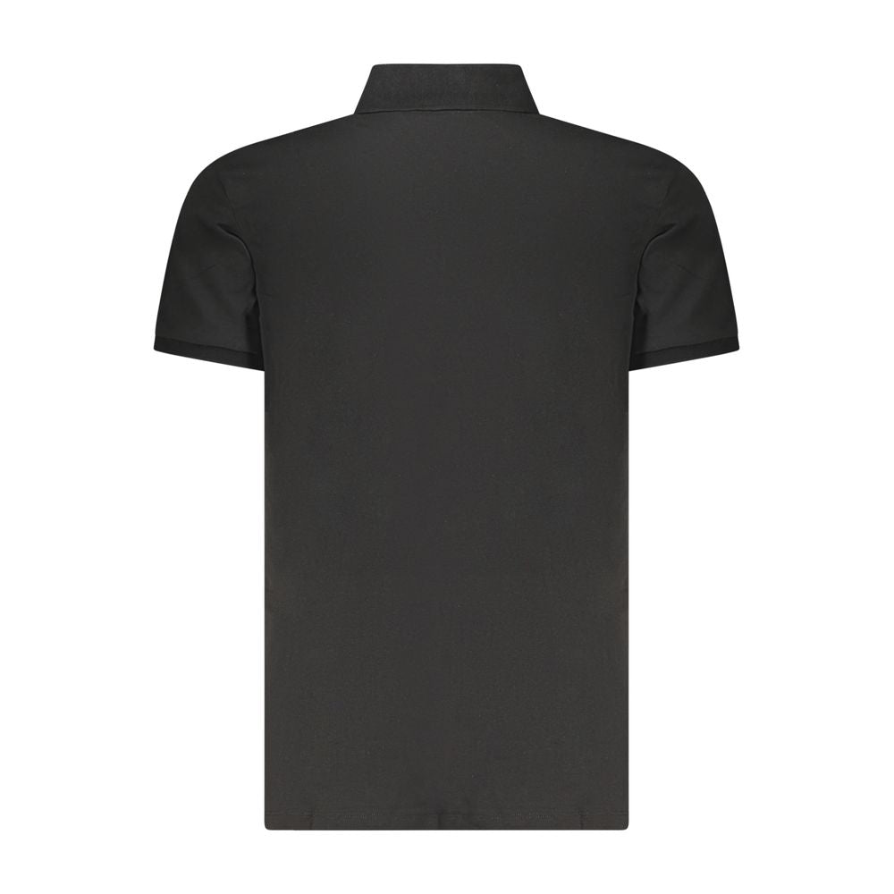 Calvin Klein black cotton men's polo shirt with collar and short sleeves, displayed on a hanger.