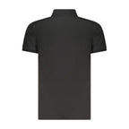 Calvin Klein black cotton men's polo shirt with collar and short sleeves, displayed on a hanger.