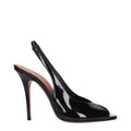 Black leather stiletto heel sandals by Amina Muaddi with sleek straps and elegant design.