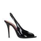 Black leather stiletto heel sandals by Amina Muaddi with sleek straps and elegant design.