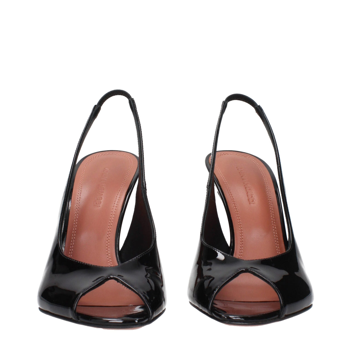 Black leather stiletto heel sandals by Amina Muaddi with sleek straps and elegant design, perfect for stylish occasions.