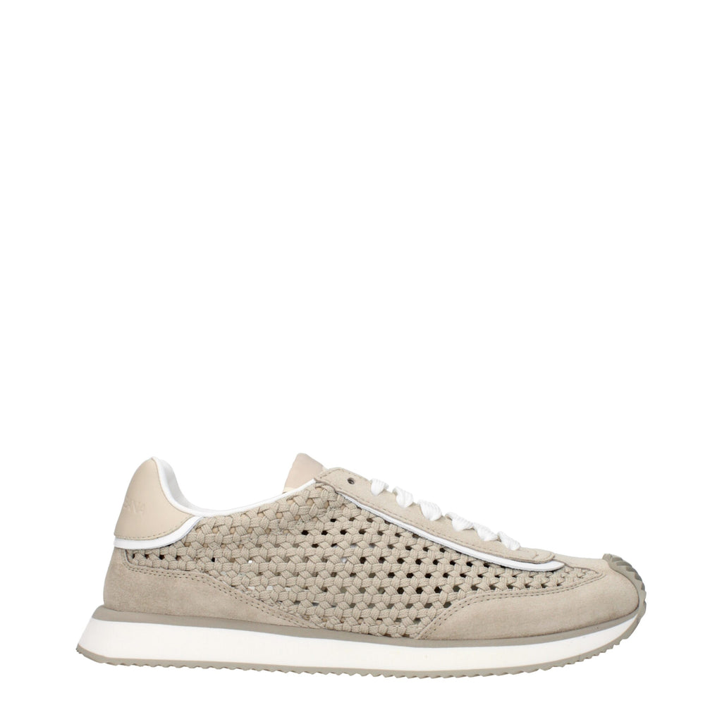 Beige fabric low top sneakers by Dolce & Gabbana with white soles and subtle branding, casual and stylish footwear.