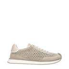 Beige fabric low top sneakers by Dolce & Gabbana with white soles and subtle branding, casual and stylish footwear.