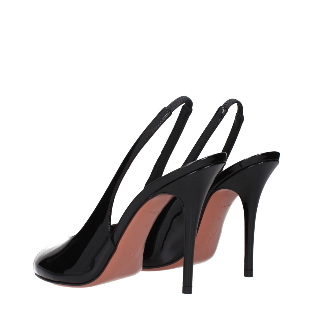 Black leather stiletto heel sandals by Amina Muaddi featuring sleek design and elegant straps