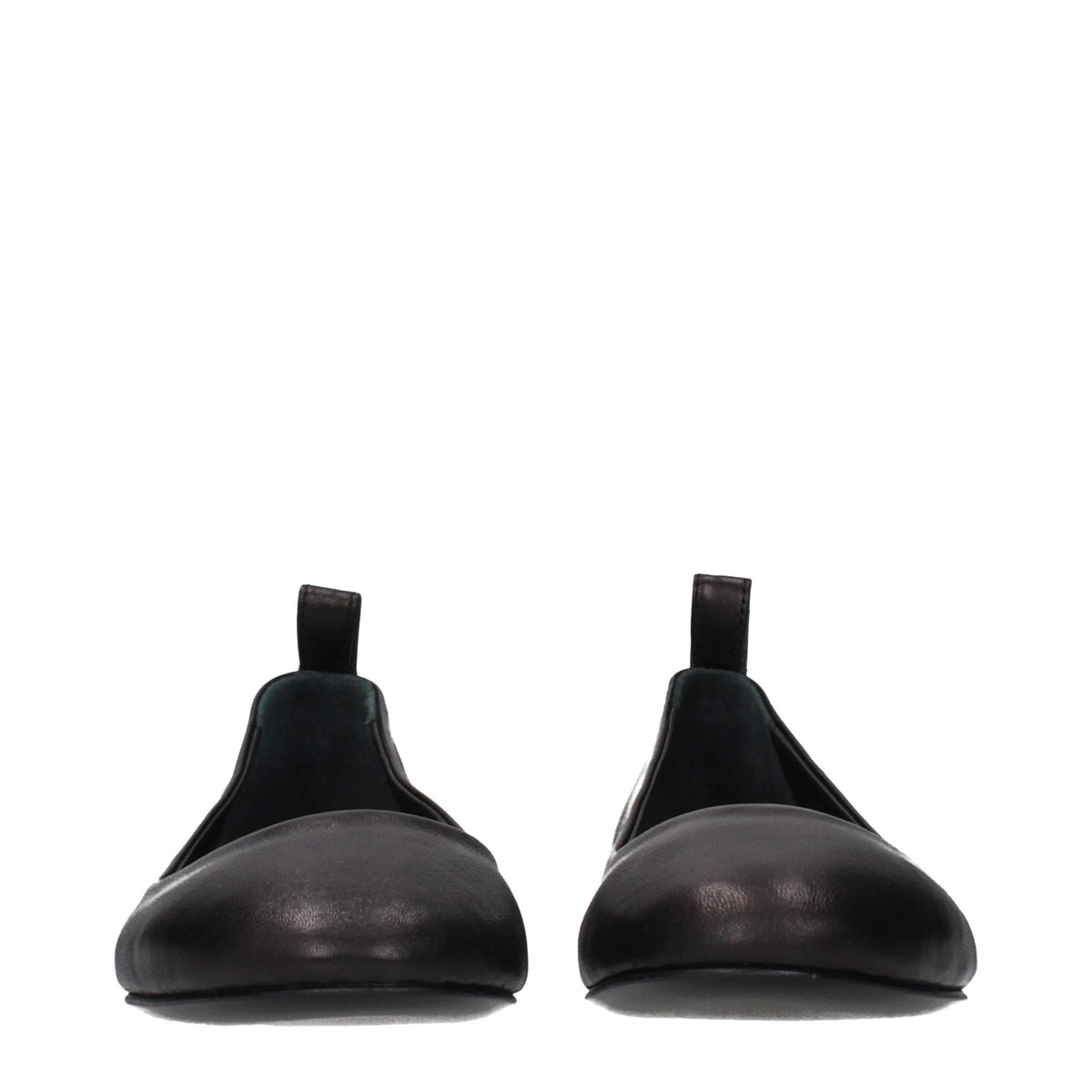 Black leather ballet flats by The Attico, featuring a sleek, classic design with a rounded toe and smooth finish.