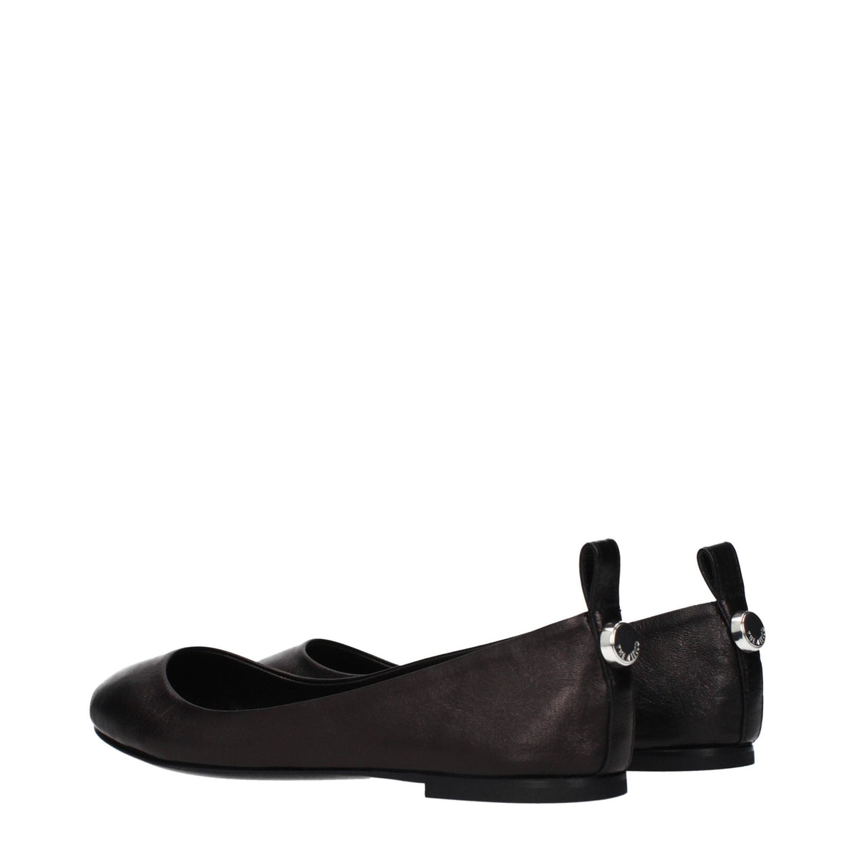 Black leather ballet flats by The Attico with a sleek, rounded toe and minimalist design on a plain background.