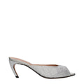 Gray satin stiletto heel sandals by The Attico with sleek straps and elegant design.