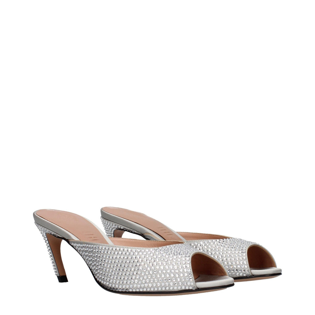 Gray satin stiletto heel sandals by The Attico, showcasing elegant pointed toes and sleek design.