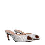 Gray satin stiletto heel sandals by The Attico, showcasing elegant pointed toes and sleek design.