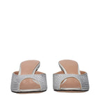 Gray satin stiletto heel sandals by The Attico with sleek straps and elegant design, perfect for formal or evening wear.