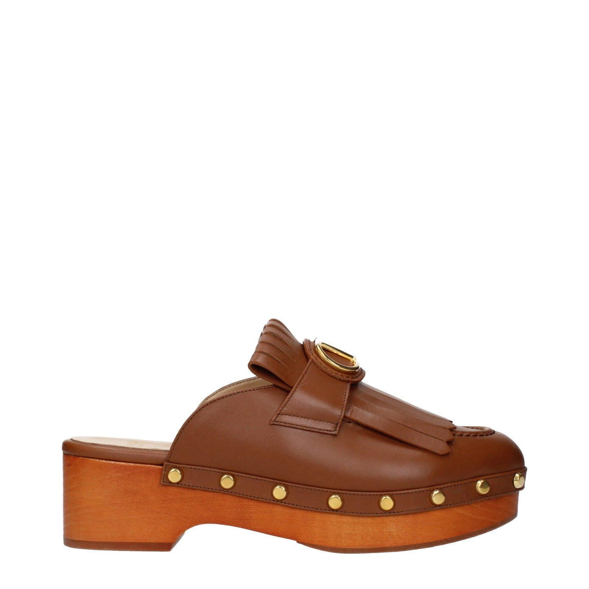 Brown leather slippers by Valentino Garavani featuring a sleek, minimalist design and comfortable slip-on style.
