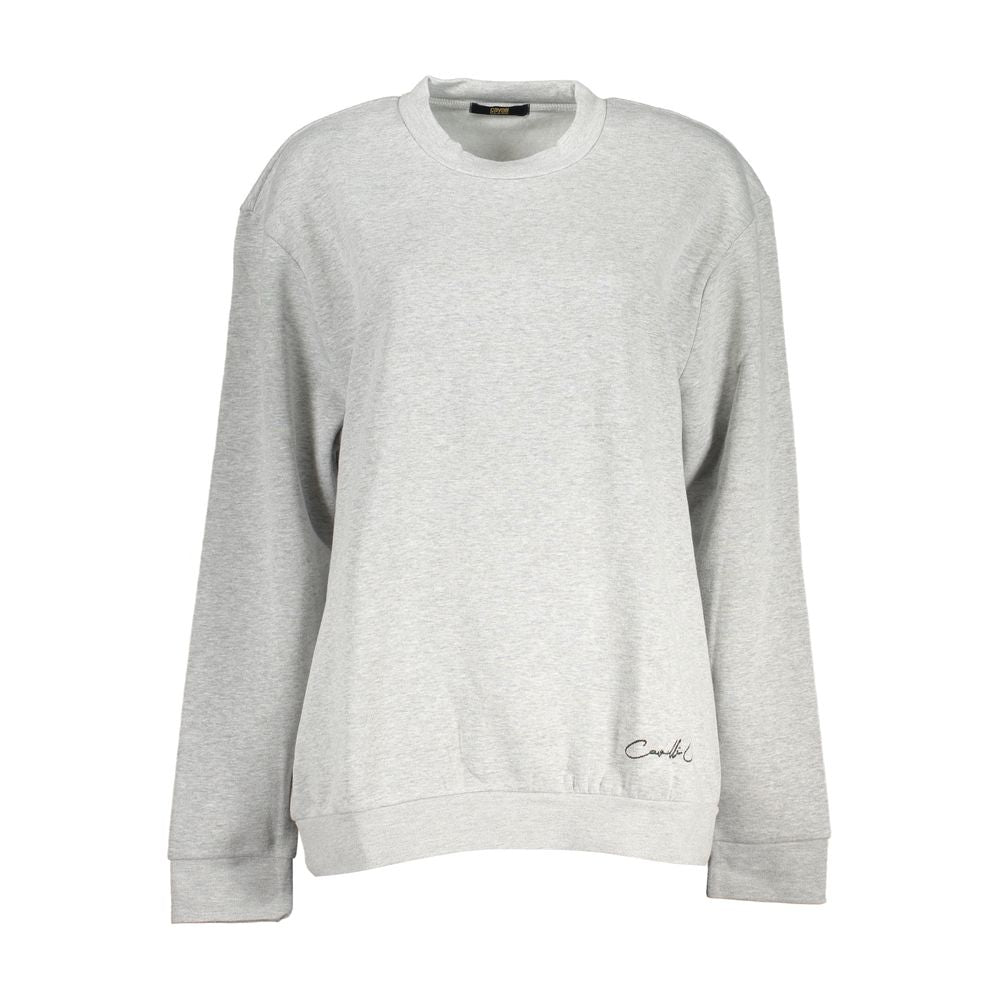 Cavalli Class gray polyester women's sweatshirt with a relaxed fit and round neckline, displayed on a hanger.