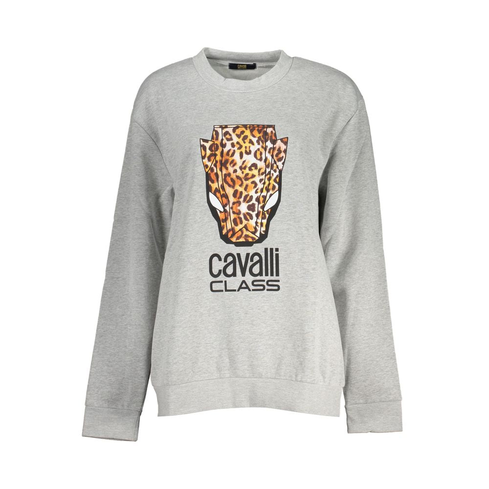 Cavalli Class gray polyester women's sweatshirt with a relaxed fit and round neckline, casual and comfortable style.