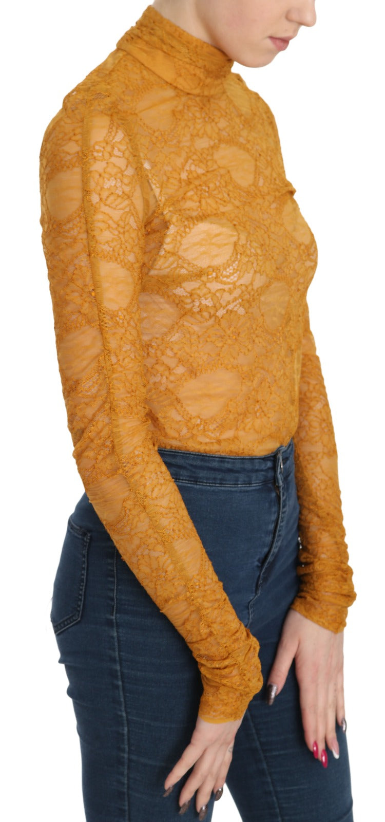 Mangano Mustard Turtle Neck Long Sleeve Lace Top Blouse Mangano