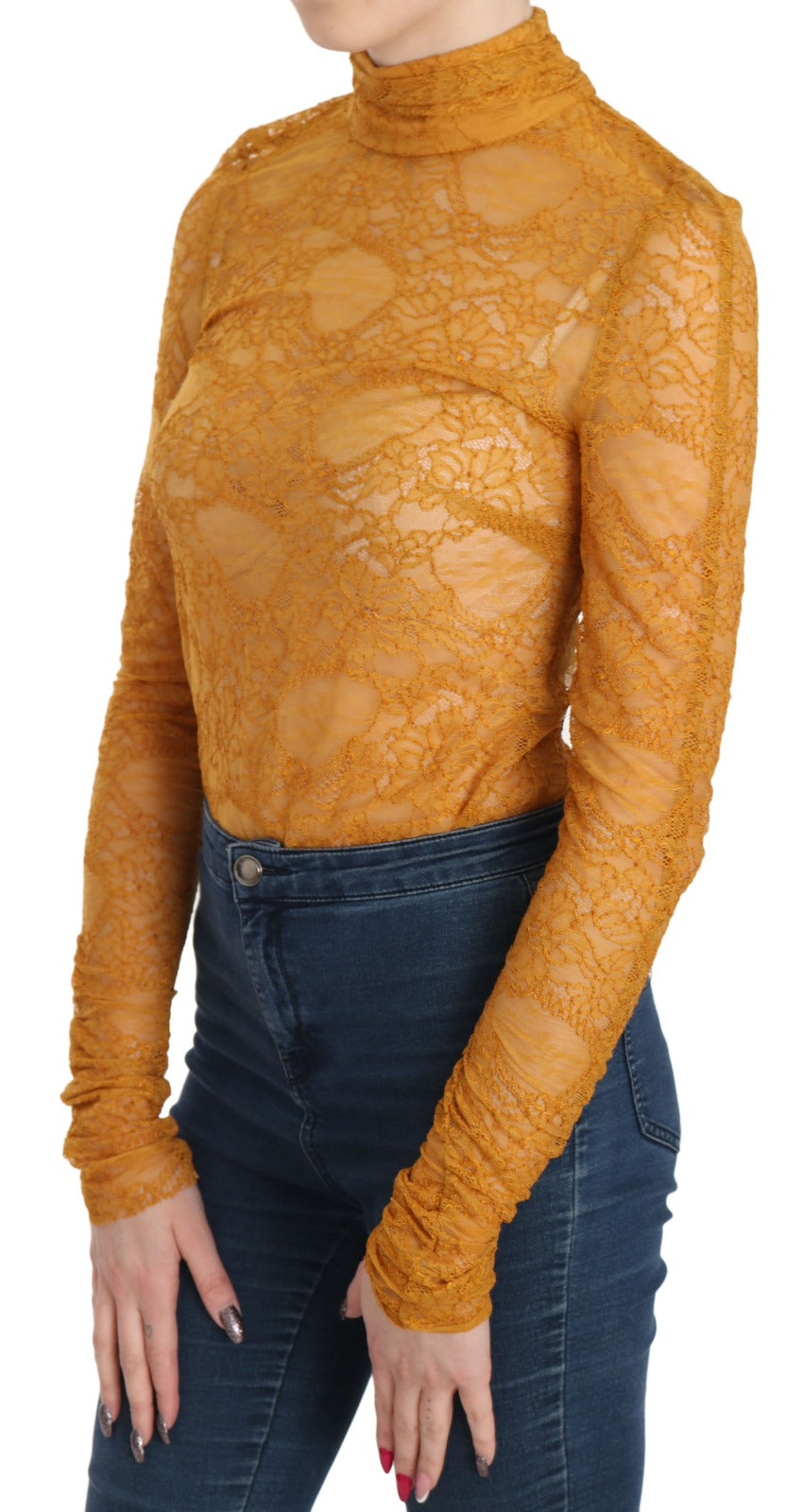 Mangano Mustard Turtle Neck Long Sleeve Lace Top Blouse Mangano