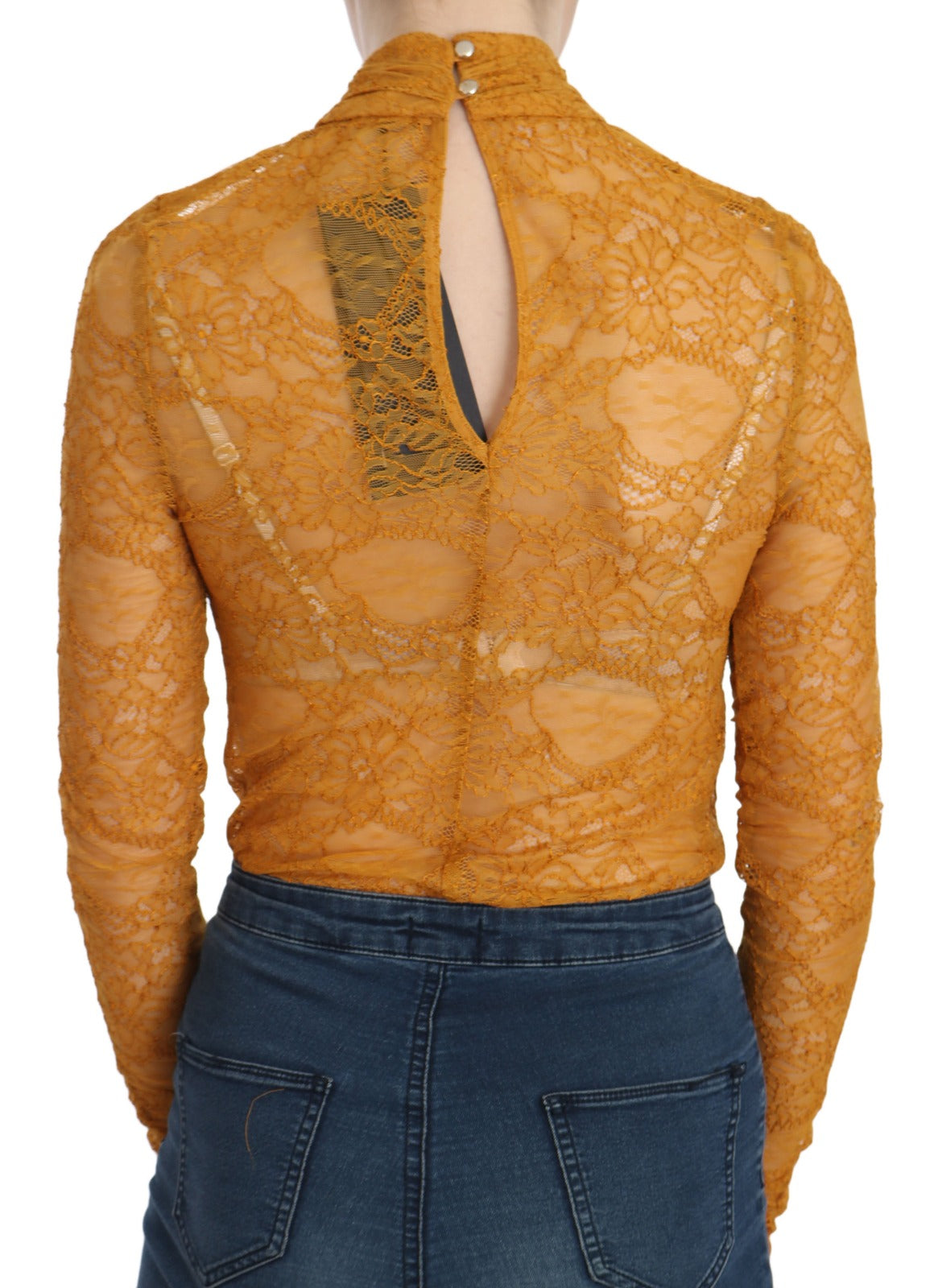 Mangano Mustard Turtle Neck Long Sleeve Lace Top Blouse Mangano