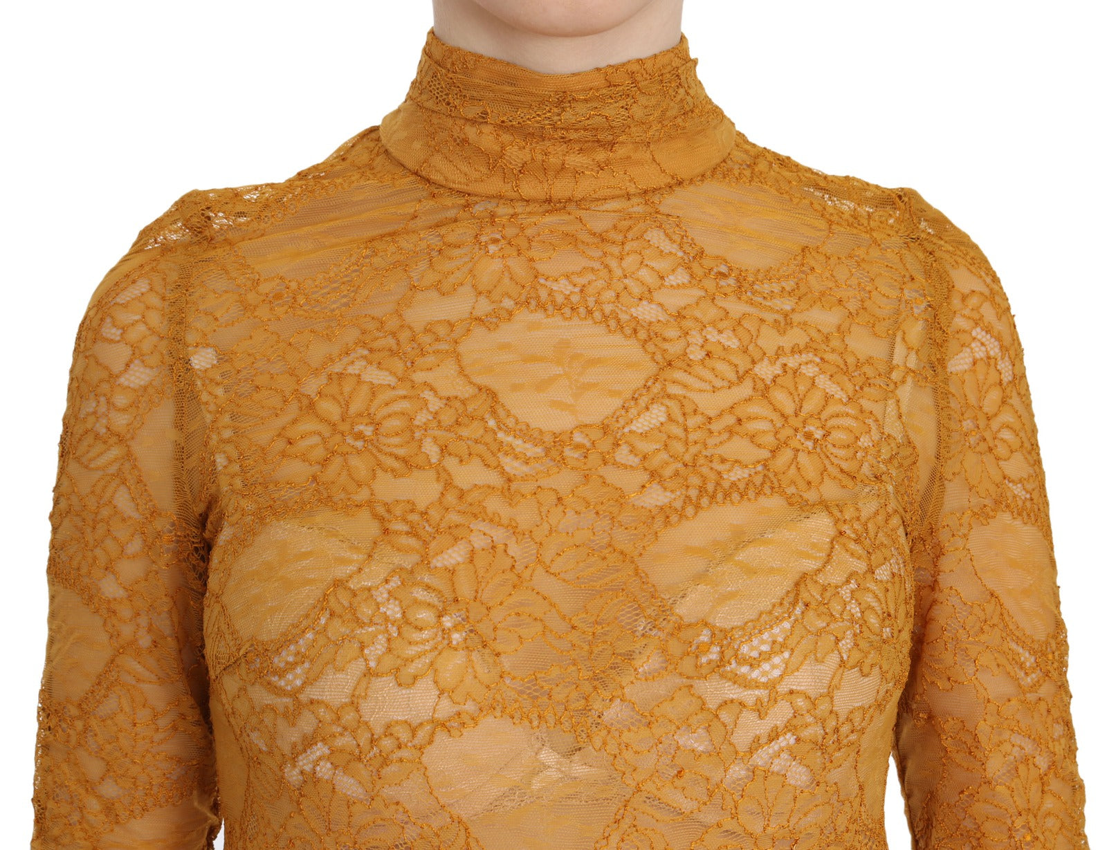 Mangano Mustard Turtle Neck Long Sleeve Lace Top Blouse Mangano