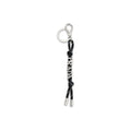 Prada black recycled polyamide keychain with silver-tone hardware and Prada logo detail, hanging from a set of keys.