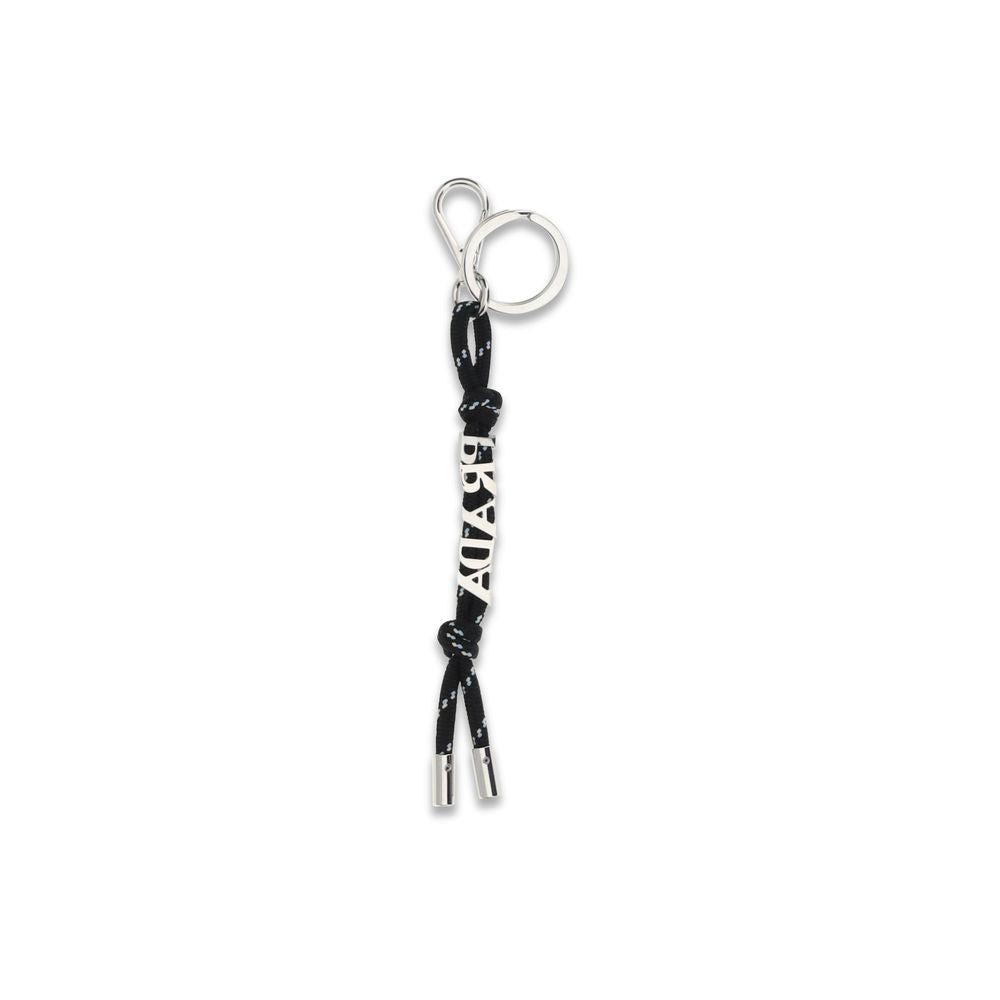 Prada black recycled polyamide keychain with logo detail on a plain background.