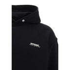 Represent black cotton sweatshirt worn by a person, showcasing casual style and comfortable fit.