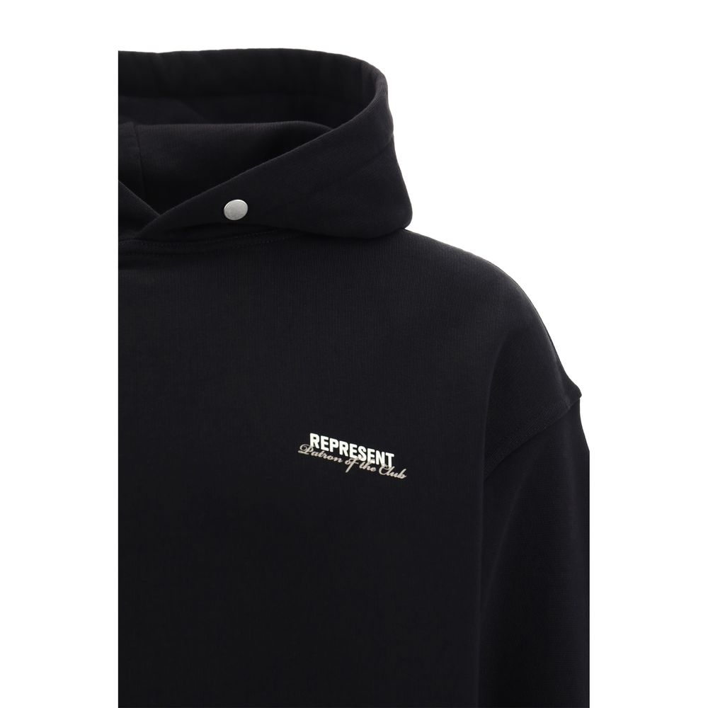 Represent black cotton sweatshirt worn by a person, showcasing casual style and comfortable fit.