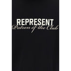 Black cotton sweatshirt by Represent, featuring a casual fit and minimal design, displayed on a hanger against a plain background.