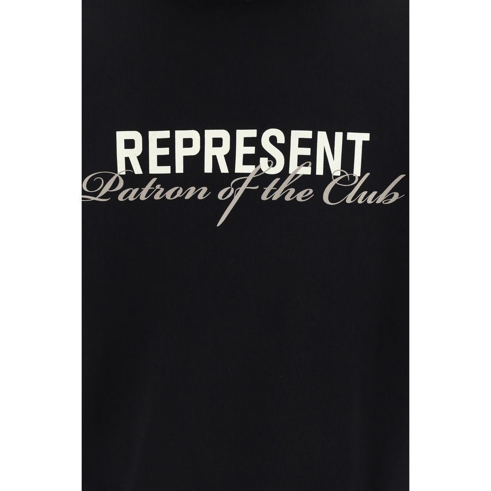 Black cotton sweatshirt by Represent, featuring a casual fit and minimal design, displayed on a hanger against a plain background.