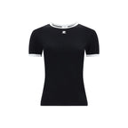 Black cotton T-shirt by Courrèges featuring a classic crew neck and minimalist design, displayed on a plain background.