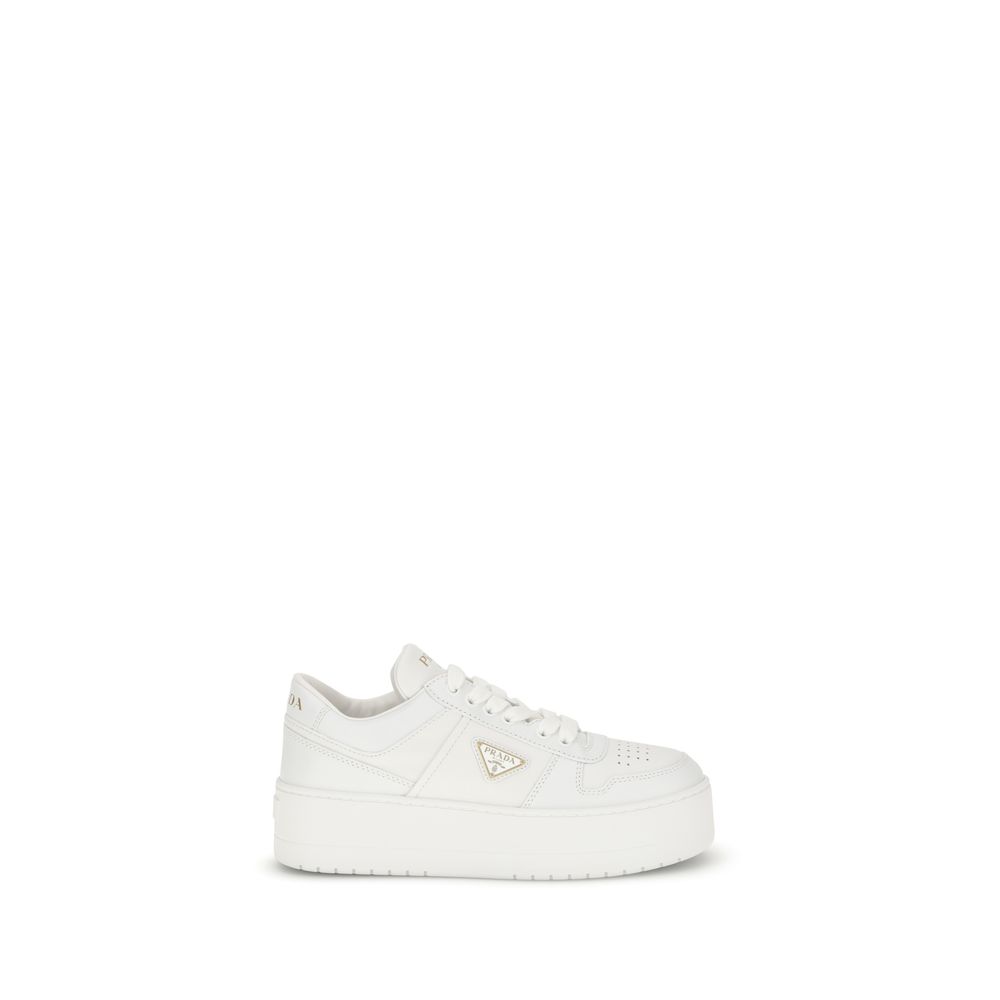 Prada white calf leather Bos Taurus platform sneakers with chunky soles and stylish design, perfect for casual wear.