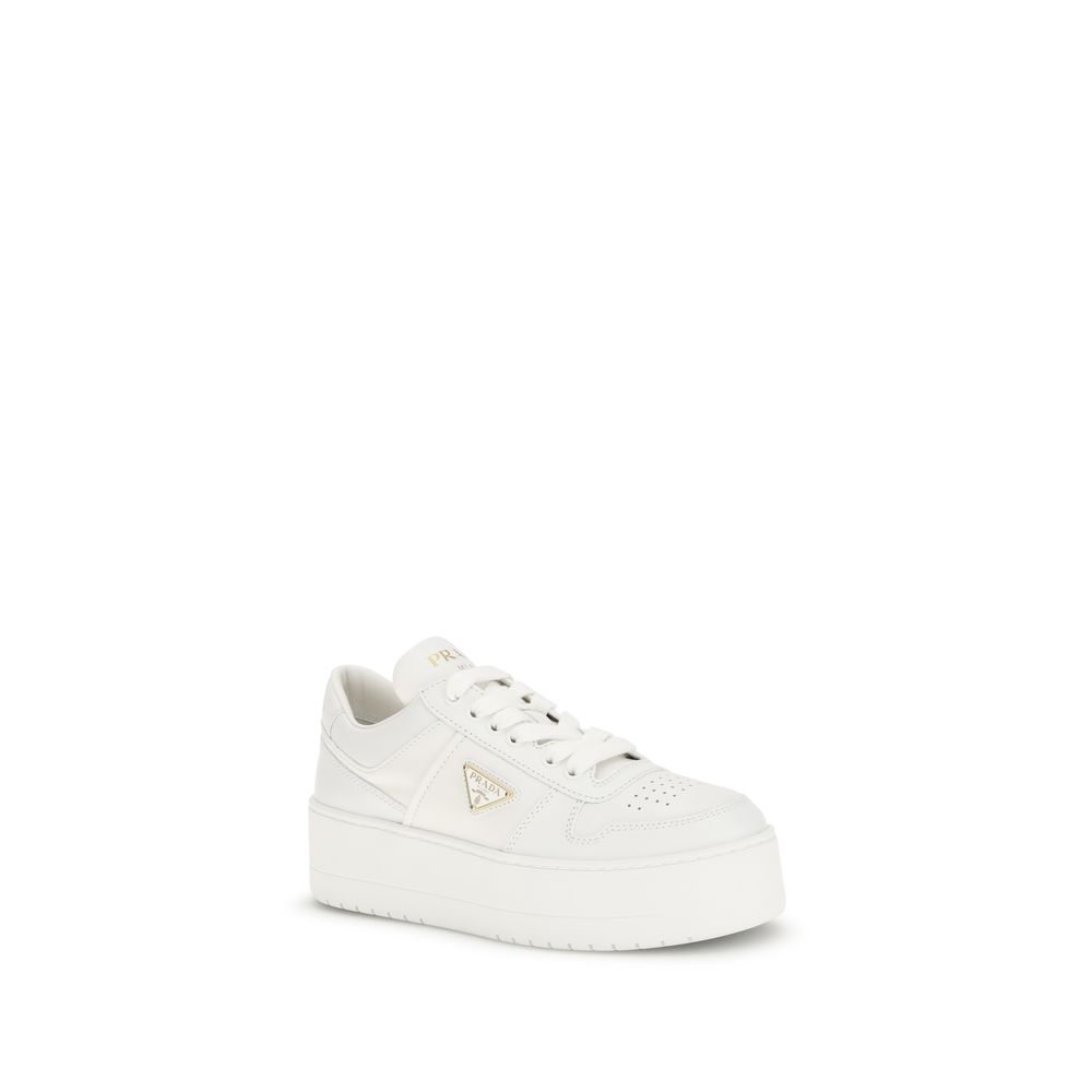 Prada white calf leather Bos Taurus platform sneakers with chunky sole and lace-up design, stylish and comfortable footwear.