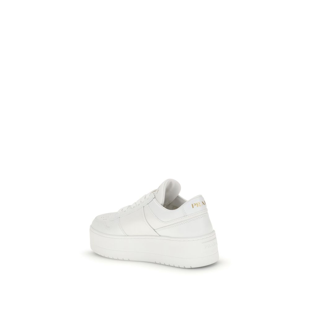 Prada white calf leather Bos Taurus platform sneakers with chunky soles and lace-up design.
