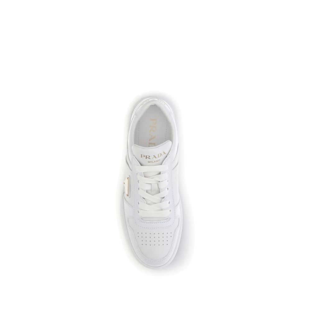 Prada white calf leather Bos Taurus platform sneakers with chunky soles and sleek design, showcasing stylish footwear.