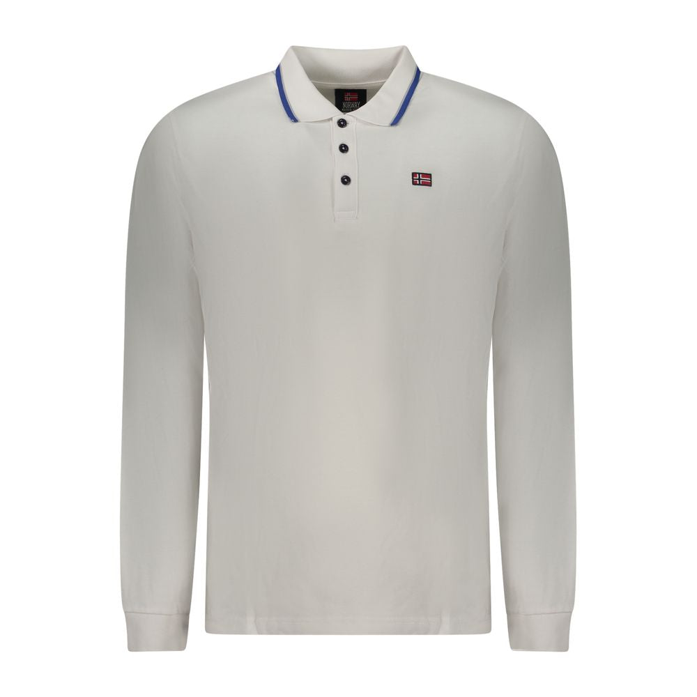 Norway 1963 Bianco cotton men's polo shirt displayed on a hanger, featuring a classic collar and short sleeves in white fabric.
