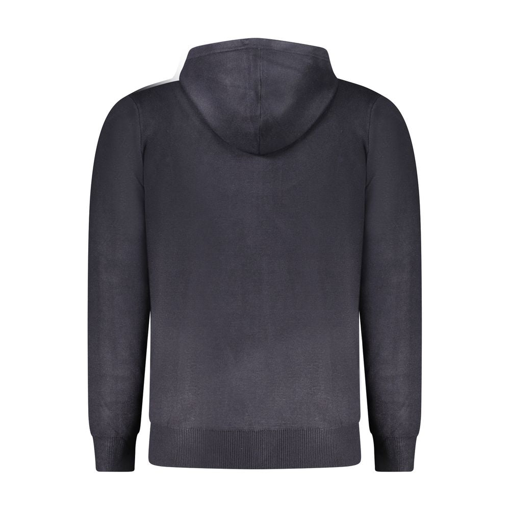 Norway 1963 men's blue polyester cardigan displayed on a hanger, showing front view and classic knit design.