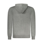 Norway 1963 Grigio Poliammide men's cardigan hanging on a wooden rack, featuring a button-up front and ribbed cuffs.