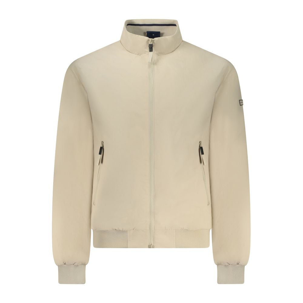 Norway 1963 beige cotton male jacket displayed on a hanger, showcasing a classic style with a collar and button closure.