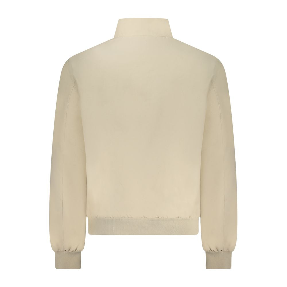 Beige cotton male jacket from Norway 1963 with a classic fit and button closure, shown on a hanger.