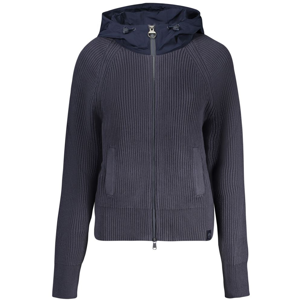 North Sails Blu polyester women's cardigan hanging on a wooden hanger, showcasing casual knitwear with a relaxed fit.