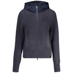 North Sails Blu polyester women's cardigan hanging on a wooden hanger, showcasing casual knitwear with a relaxed fit.