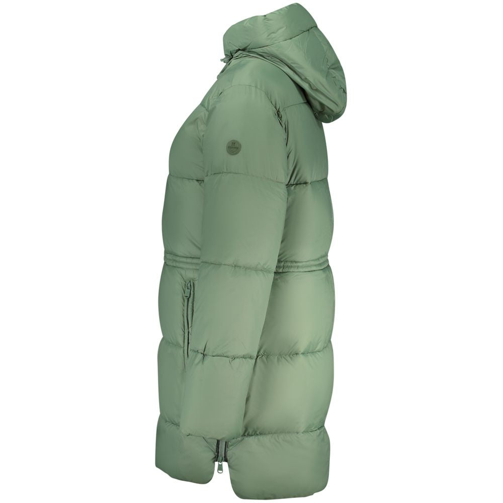 North Sails Verde polyester women's jacket displayed on a hanger, showing its sleek design and vibrant green color.