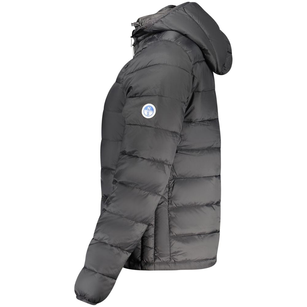 Black North Sails polyester women's jacket displayed on a hanger, showcasing the stylish outdoor apparel design.