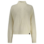North Sails white polyamide women's sweater hanging on a wooden hanger, showcasing its soft knit texture and classic design.